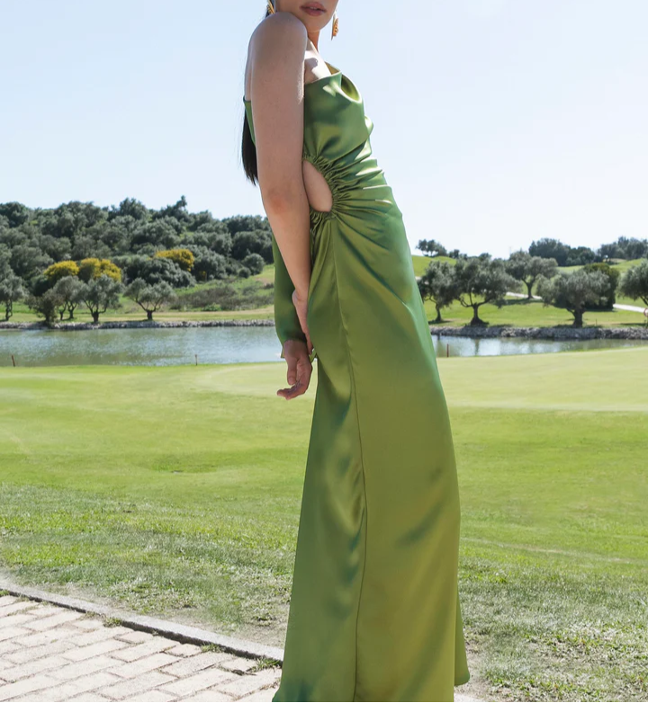 Robe de soirée longue verte asymétrique, DP850