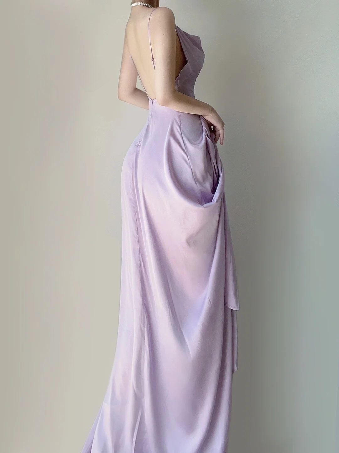 Elegant Lilac Straps A-Line Backless Satin Long Party Dress Evening Dress, DP5393