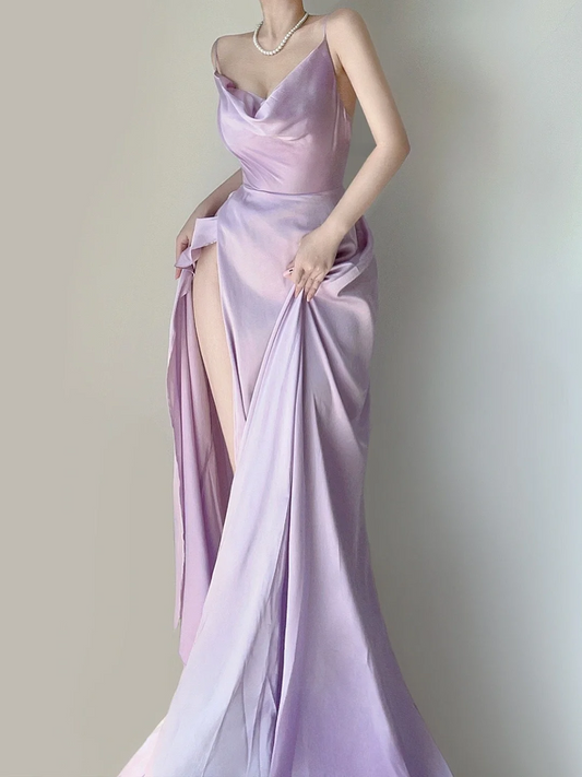 Elegant Lilac Straps A-Line Backless Satin Long Party Dress Evening Dress, DP5393