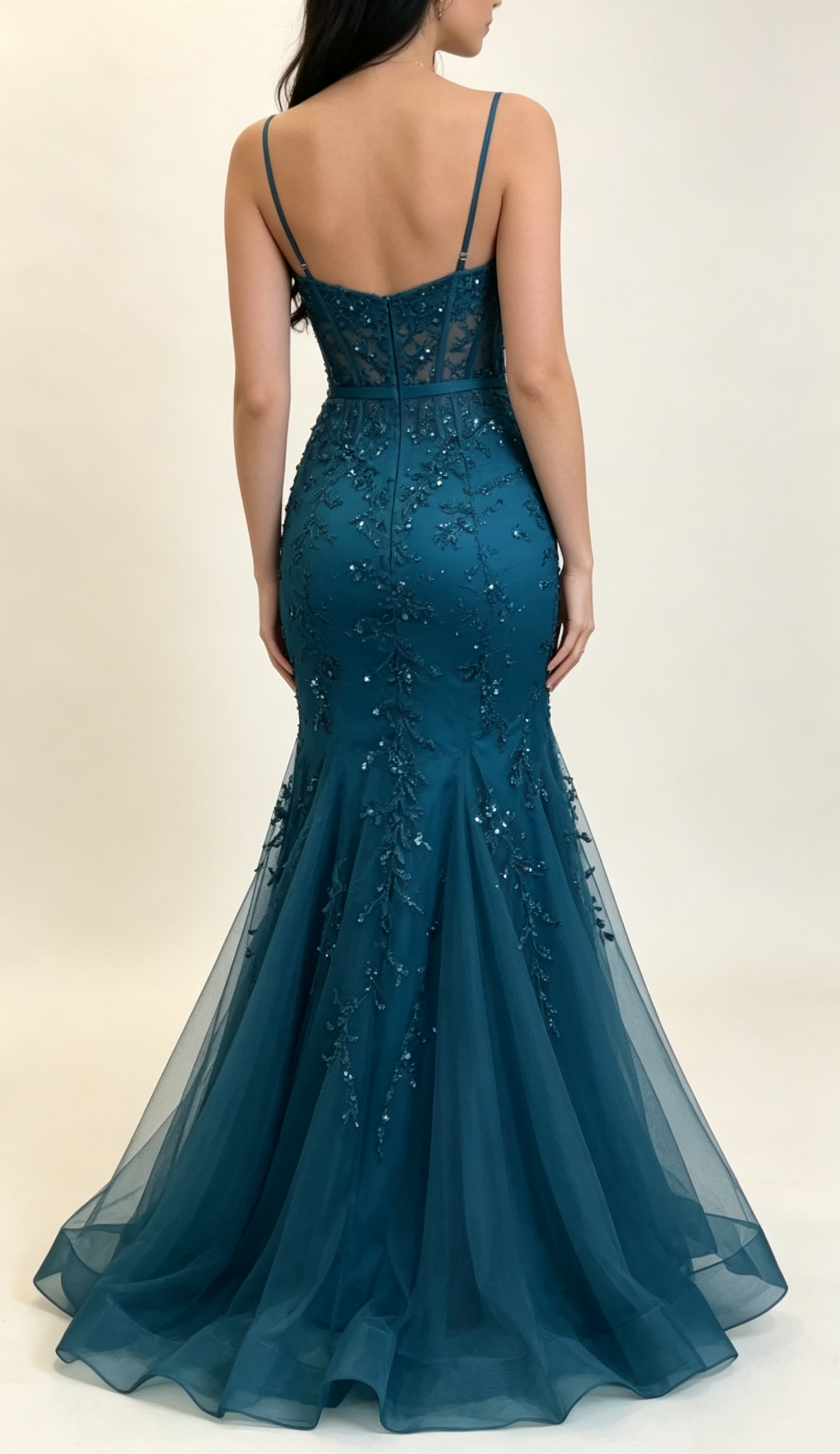 Elegant Teal Spaghetti Strap V-Neck Mermaid Floral Lace Beaded Tulle Formal Prom Dress DP8630