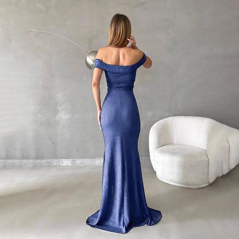 Vintage Glänzend Blau Off-the-shoulder Etuikleid Hoher Schlitz Langes Ballkleid Abendkleid DP6400