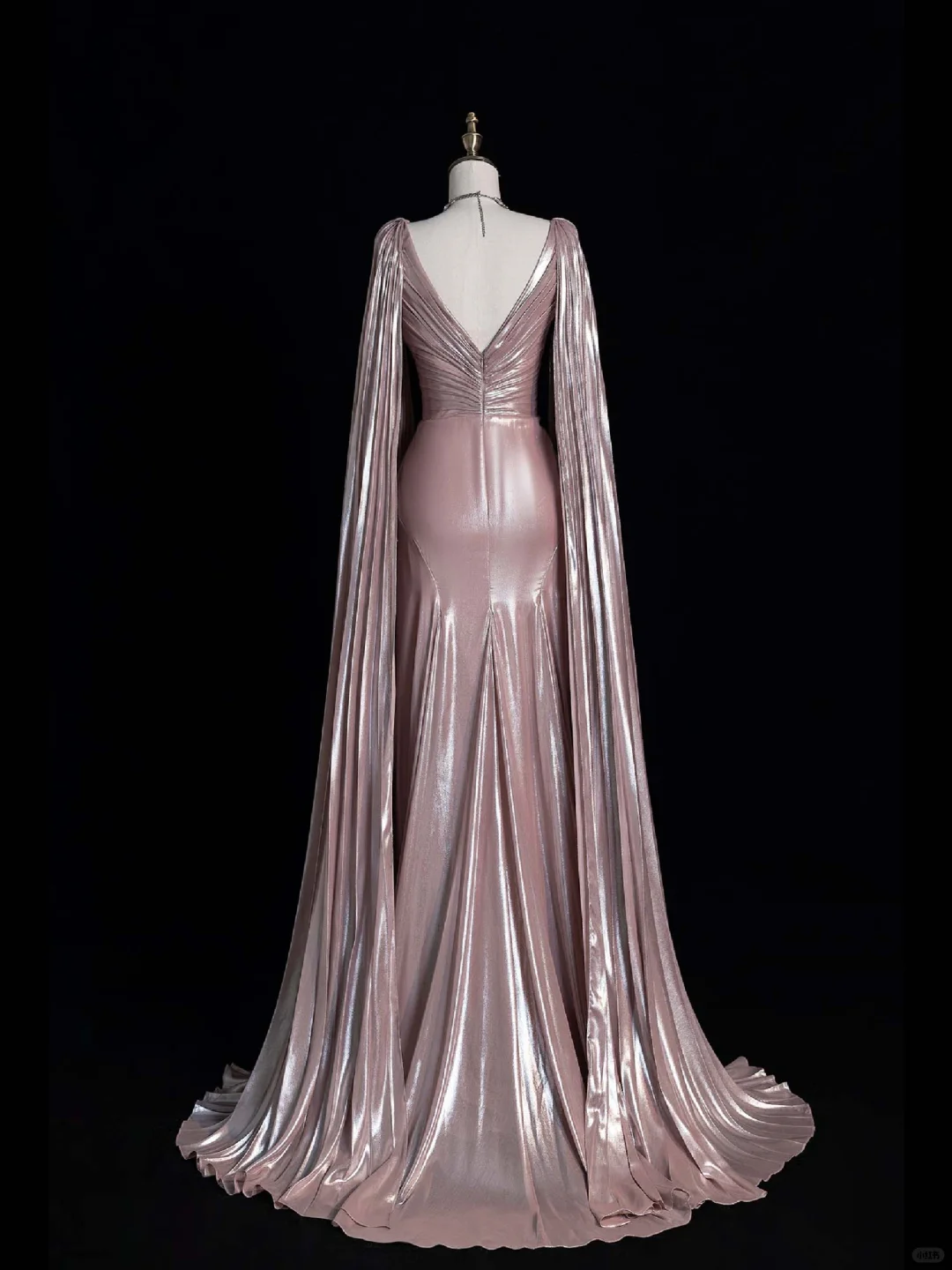 Pretty Pink Mermaid Satin Beaded Long Party Dress Birthday Outfits with Cape Sleeves, DP5355