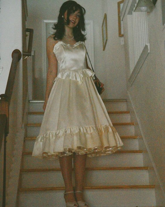 Vintage Ivory Satin Ruffle Midi Dress - Romantic Spaghetti Strap Formal Gown DP3830 Vintage Ivory Satin Ruffle Midi Dress - Romantic Spaghetti Strap Formal Gown DP3830