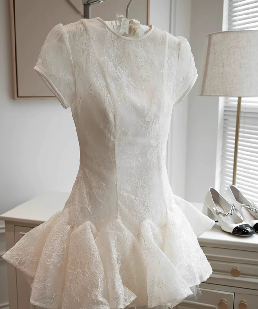 White Applique Design A-line Lace Short-sleeved Party Dress Homecoming Dresses, DP5969