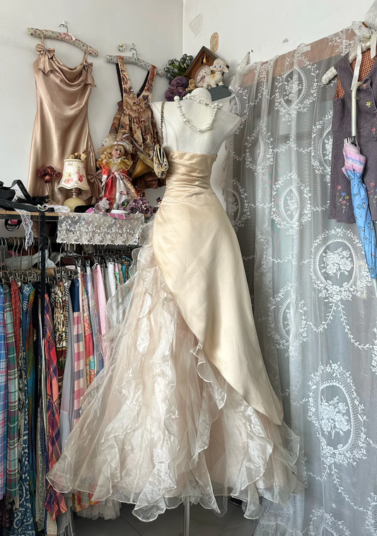 Romantic Champagne Strapless Floral Embroidery & Layered Ruffle Prom Dress DP8318