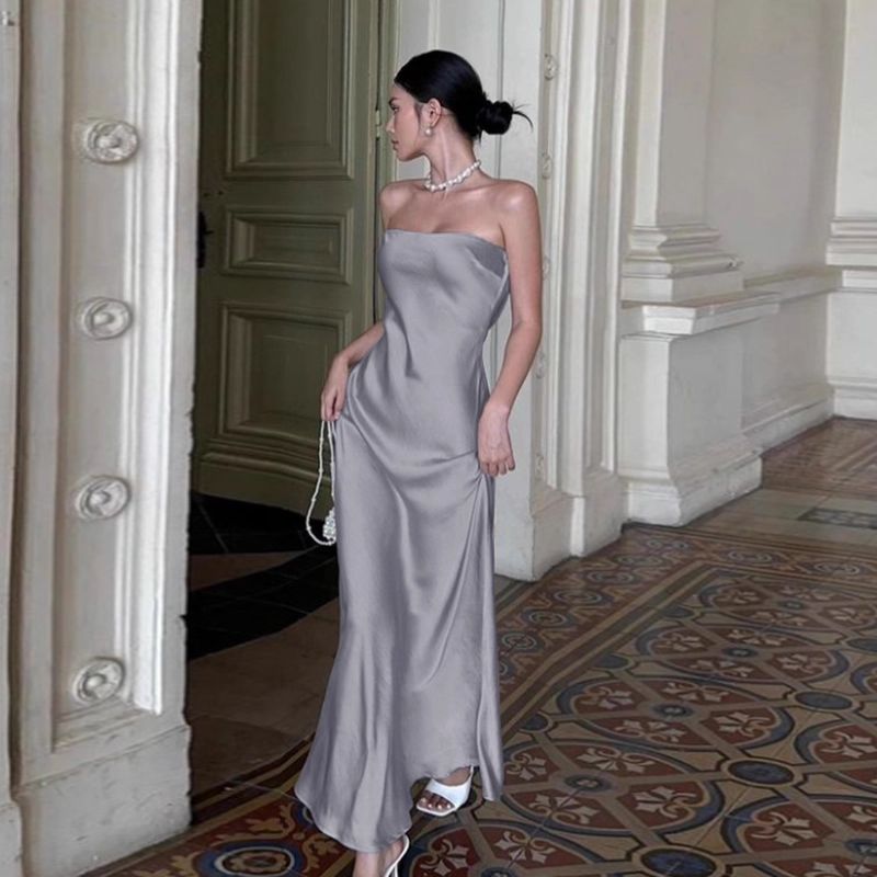 Enchanting Silvery Strapless Satin Mermaid Long Prom Dress Evening Dress DP6409