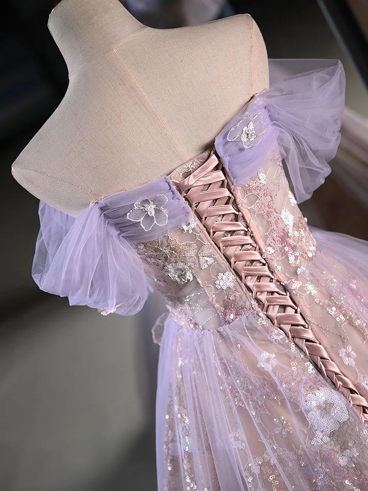 Robe de soirée trapèze en tulle violet clair, vintage, avec appliques florales et perles, épaules dénudées, DP6076