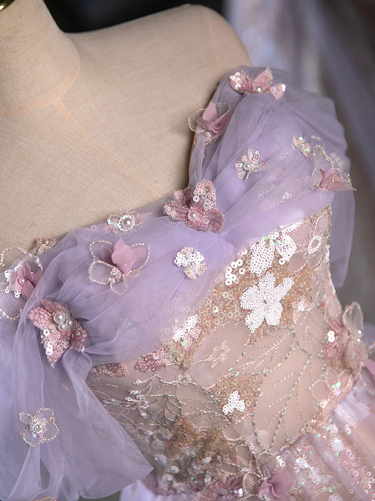 Robe de soirée trapèze en tulle violet clair, vintage, avec appliques florales et perles, épaules dénudées, DP6076