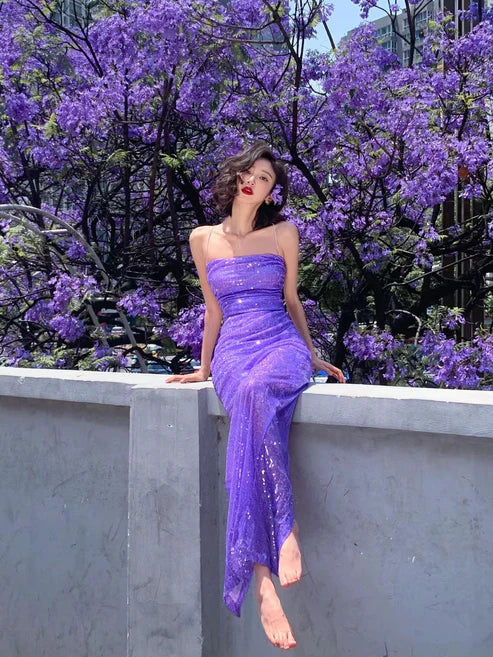 Lila Spaghettiträger Pailletten Meerjungfrau Langes Partykleid, DP4345