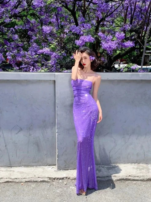 Lila Spaghettiträger Pailletten Meerjungfrau Langes Partykleid, DP4345