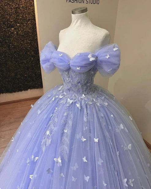 Robe de bal élégante en tulle lilas, décolleté cœur, épaules dénudées, papillon 3D, pour Sweet 15 ou Quinceañera DP7226
