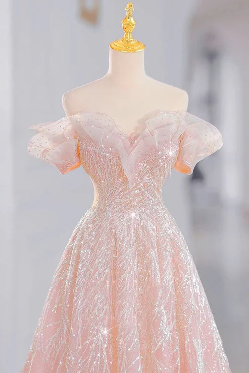 Pink Off Shoulder A-Line Tulle Appliques Long Formal Party Dress, DP4708