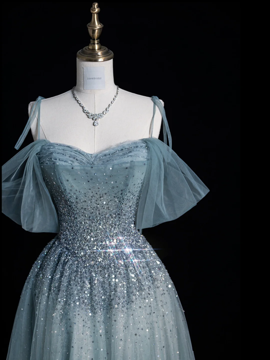 Pretty Blue Off Shoulder A-Line Tulle Long Formal Prom Dress Evening Gown, DP5356
