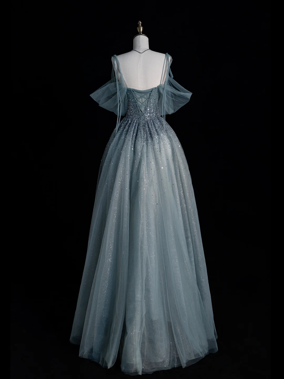 Pretty Blue Off Shoulder A-Line Tulle Long Formal Prom Dress Evening Gown, DP5356
