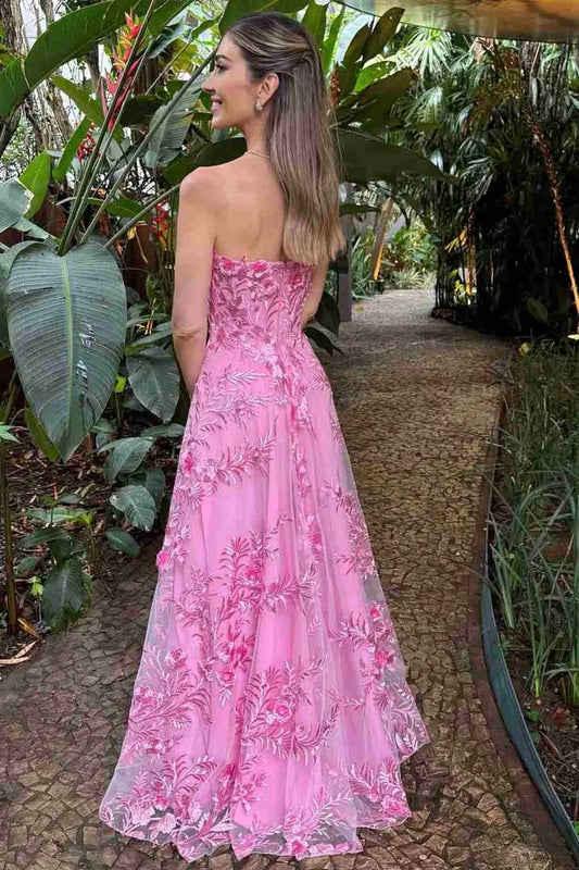 Elegant Pink 3D Floral Lace Strapless Ball Gown Sweetheart A-Line Prom Dress Evening Gown DP8188