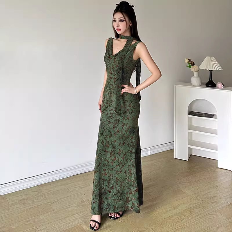 Vintage Green Floral V-neck Mermaid Summer Dresses Prom Dress Evening Dress DP6344