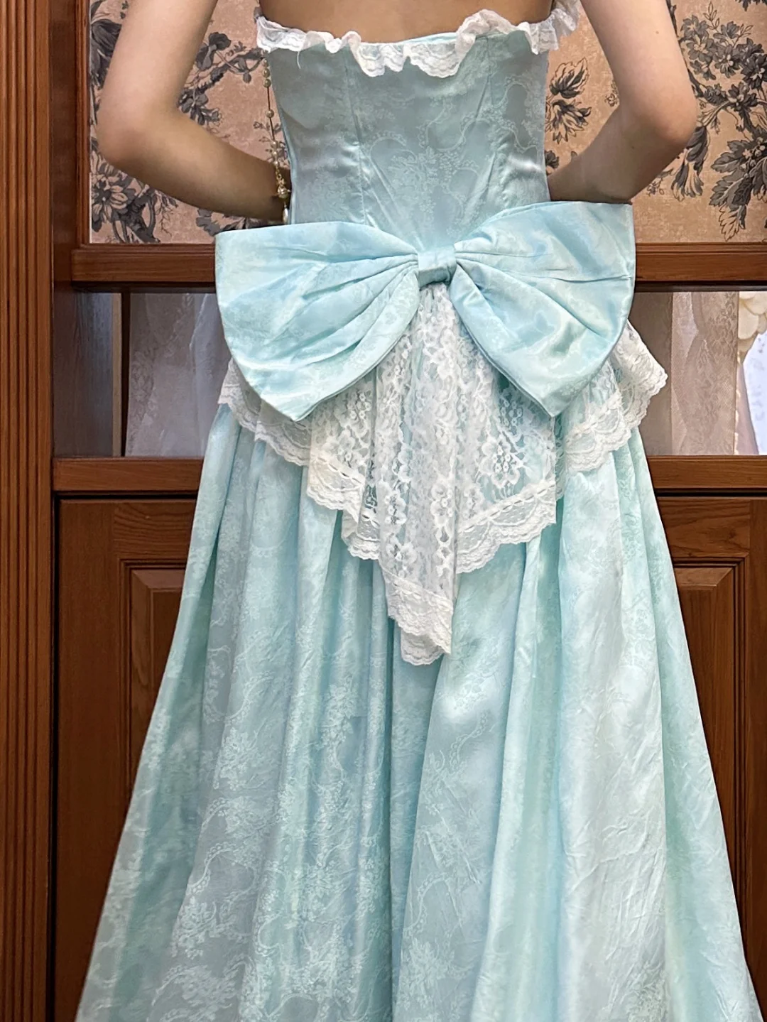 Elegant Mint Jacquard Satin Evening Gown Strapless A-Line Prom Dress DP7947