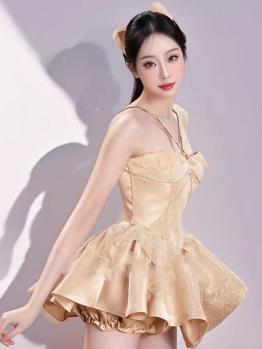 Vintage Golden Halter Dress Design A-line Satin Ruffled Hem Party Dress Homecoming Dress, DP5835