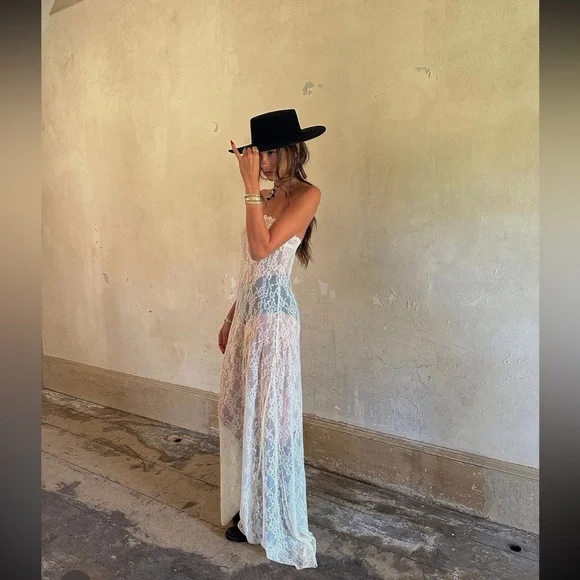 Sexy Strapless Unique Lace Long Party Dress, DP2616