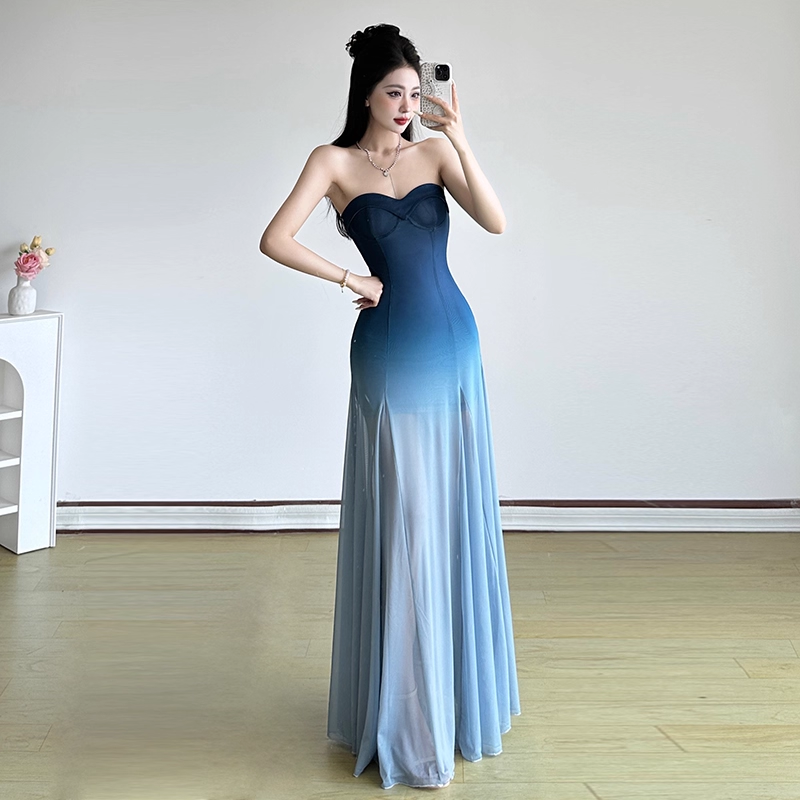 Simple Gradient Blue Sweetheart Strapless A-Line Summer Dresses Prom Dress Evening Dress DP6340
