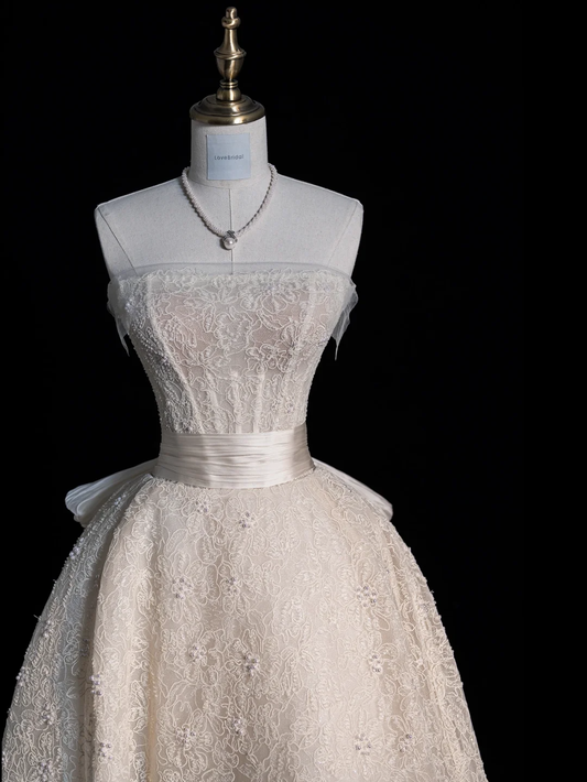 Hübsches Champagner-Trägerloses A-Linien-Spitzen-Langabendkleid Partykleid Geburtstagsoutfits, DP5357