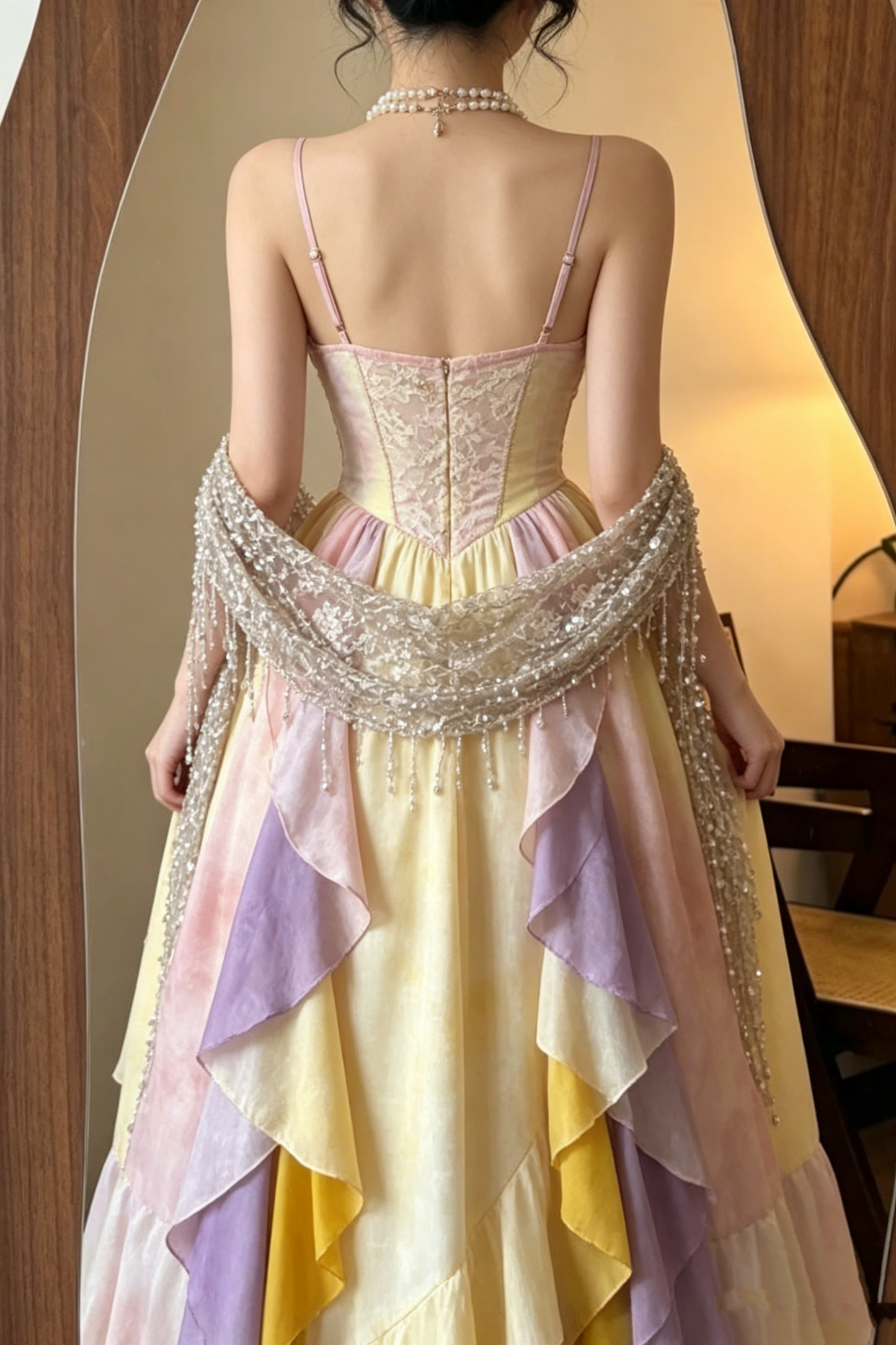 Elegant Colorful Layered Lace Beaded Spaghetti Straps Sweetheart A-Line Ruffle Prom Dress DP8552