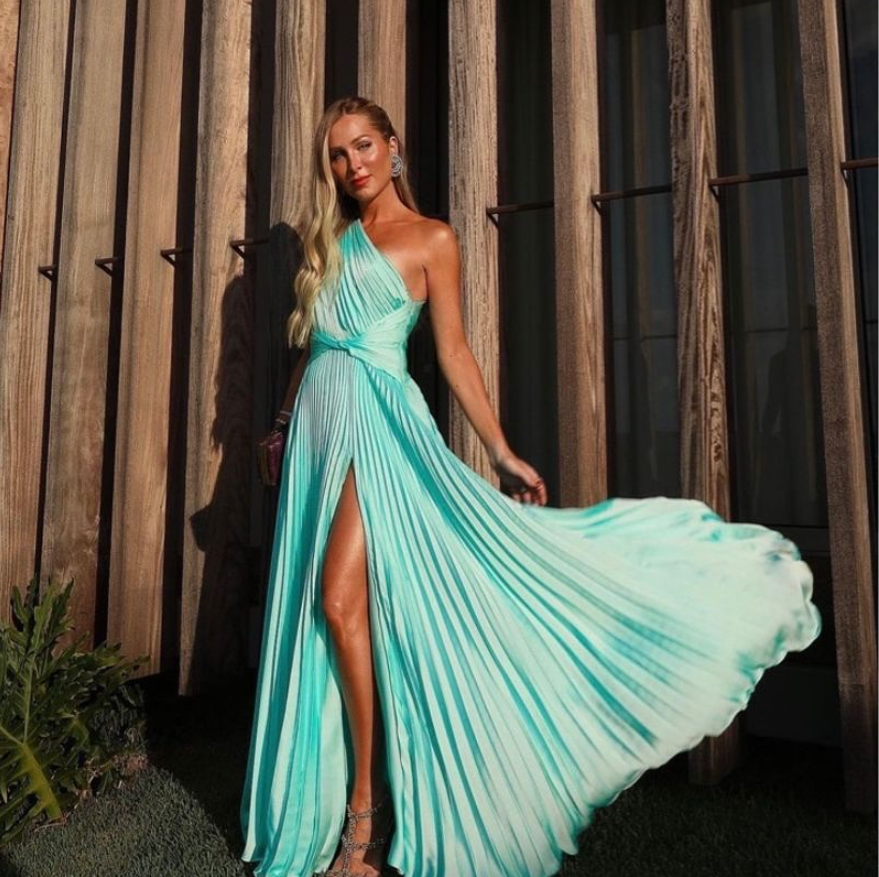 Robe de soirée longue plissée bleue asymétrique, coupe trapèze, DP1808