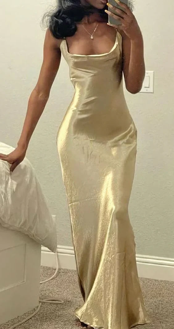 Robe de soirée longue noire à bretelles carrées dorées et dos nu pour fille, DP3704