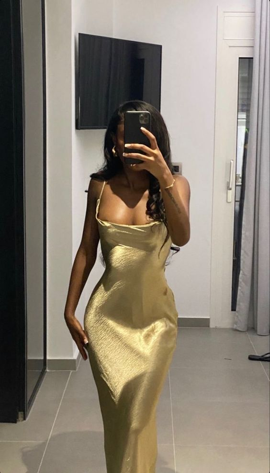 Gold Satin Cowl Neck Slip Maxi Dress Spaghetti Strap Formal Evening Gown DP3704