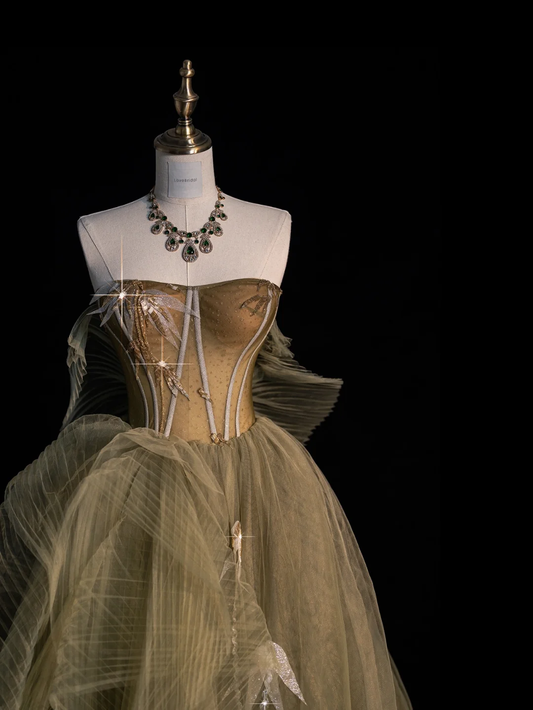 Elegant Green Strapless A-Line Tulle Long Formal Evening Party Dress, DP5358