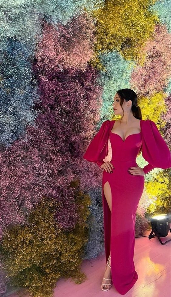 Elegantes Abendkleid mit Herzausschnitt und langen Ärmeln in Fuchsia, formelles Partykleid, DP3827