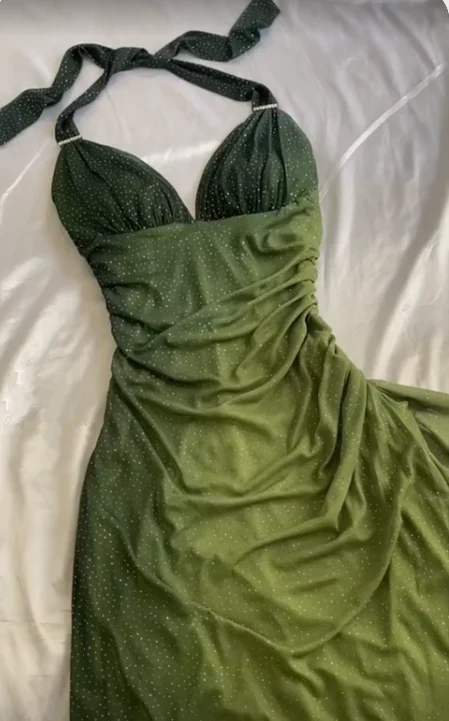 Green V Neck Halter Shiny Vintage Long Prom Dress, DP2117