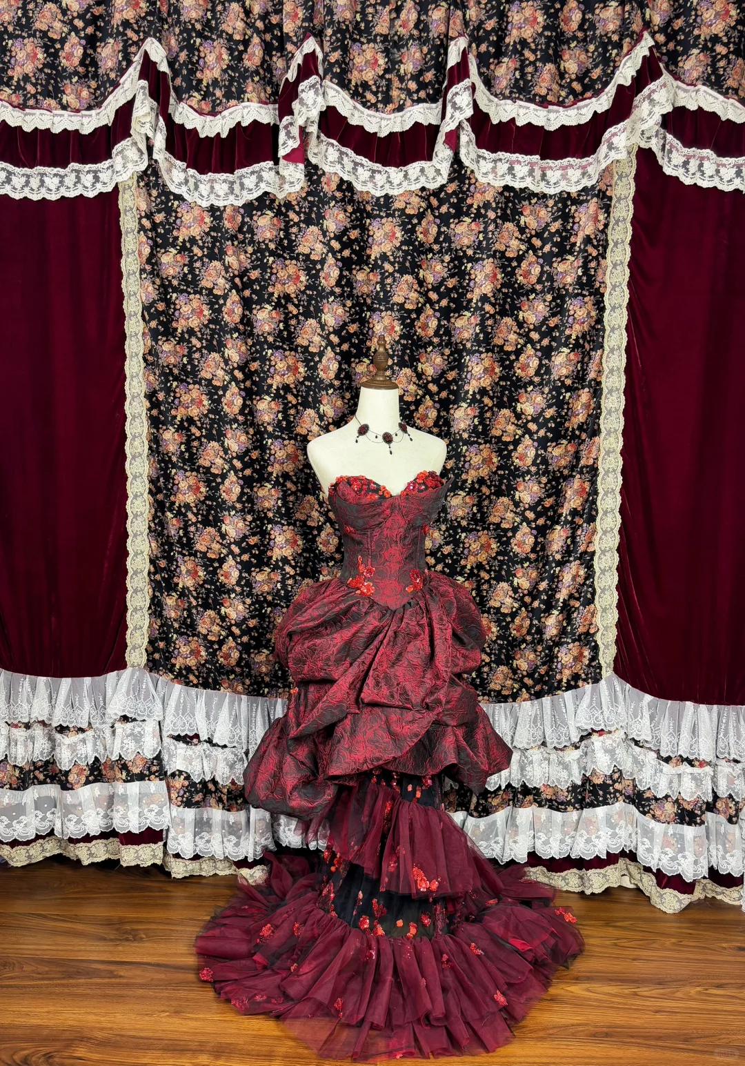 Gorgeous Burgundy Sweetheart Rose Applique Strapless Floor-length/Short Prom Dress Birthday Dress Evening Dress DP6422