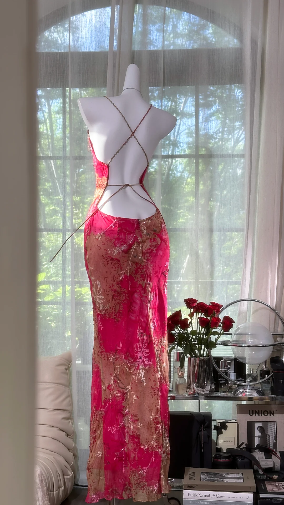 Vintage Red Floral Long Prom Dress Sheath Chiffon Spaghetti Strap Backless Formal Dress, DP6544