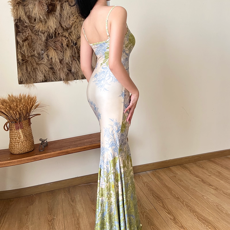 Elegant Floral Spaghetti Strap Mermaid Long Summer Dress Prom Dress Evening Dress DP6406