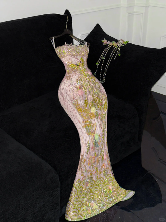 Gorgeous Sparkling Pink Beaded Applique Mermaid Design Exquisite Embroidery Evening Dress Prom Dresses DP6174