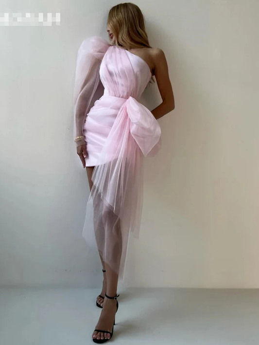 Robe de soirée courte rose asymétrique en satin et tulle, DP2627