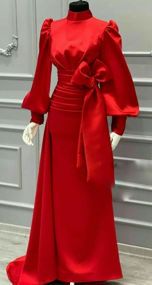 Robe de soirée longue rouge en satin à col montant et manches longues, DP3708