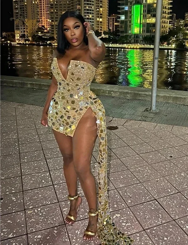 Sexy Gold Sequin Plunging V-Neck Strapless Mini High Slit Homecoming D DSProm Sexy Gold Sequin Plunging V-Neck Strapless Mini High Slit Homecoming D DSProm