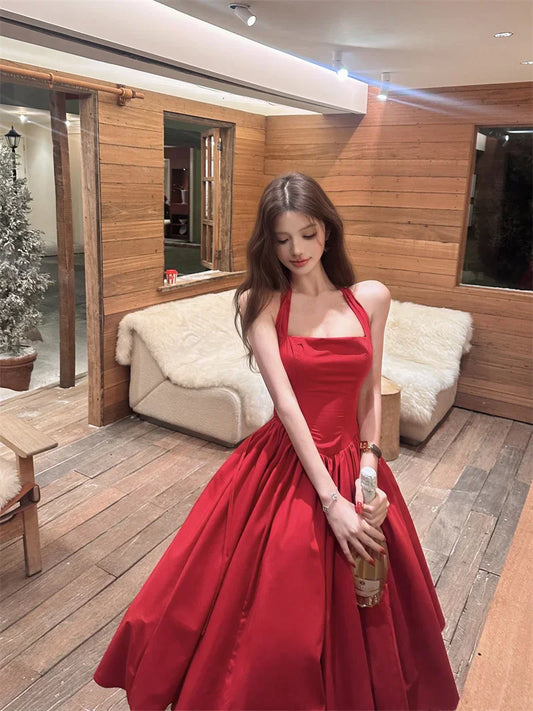 Elegan Red Halter-Neck A-Line Midi Prom Dress DP8654