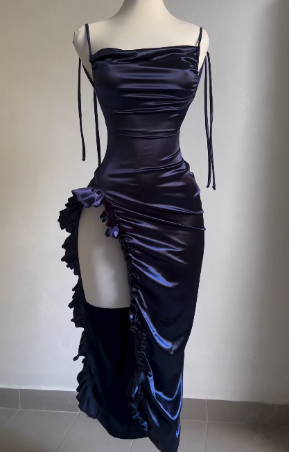 Navy Blue Open Back Ruffles Midi Length Party Dress, DP2588