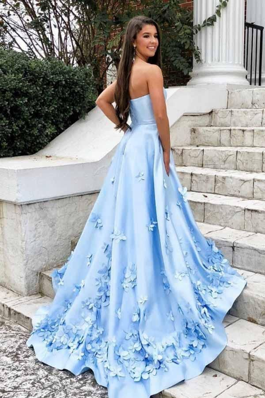 Blue A-Line Sweetheart Floral Applique Long Prom Formal Dresses With Pocket,DP0234
