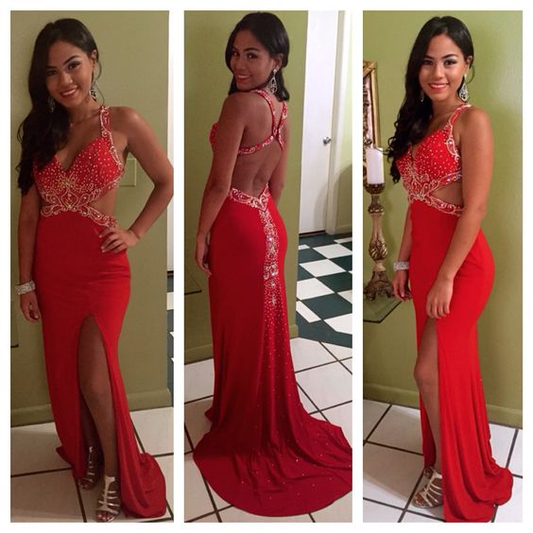 Sexy Rotes V-Ausschnitt Rückenfreies Perlenbesetztes Langes Partykleid mit Schlitz,DP1926