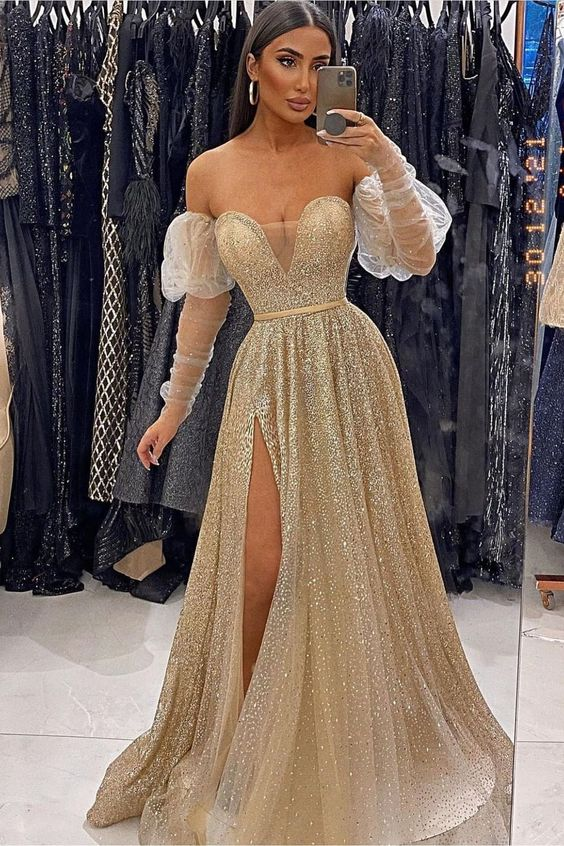 Robe de soirée champagne à paillettes, col en V, fendue sur le devant, manches longues, DP0169