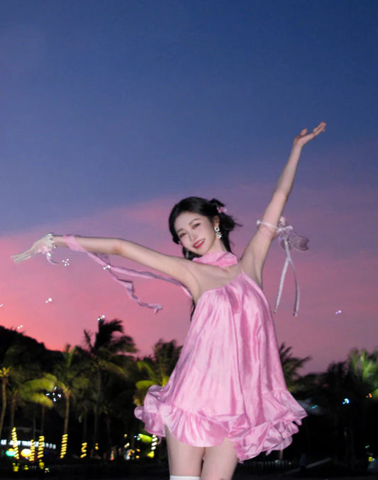 Süßes rosa Rüschen-Kurzes A-Linie Satin Partykleid Cocktailkleid Homecoming-Kleid DP6495