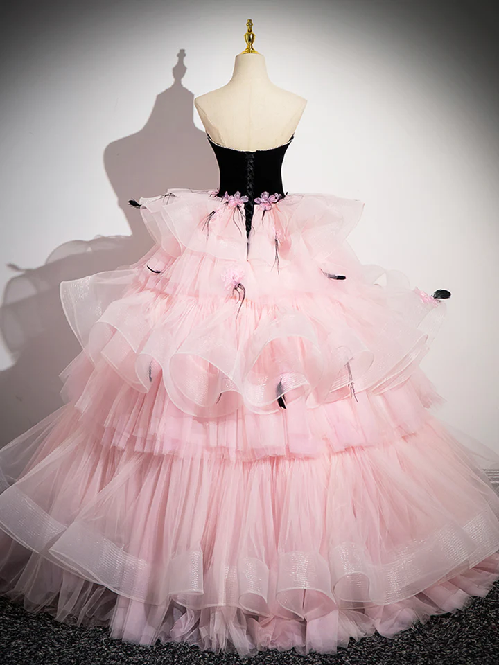 Pink Tulle and Black Velvet Strapless Party Gown Ruffles Formal Evening Dress, DP2477