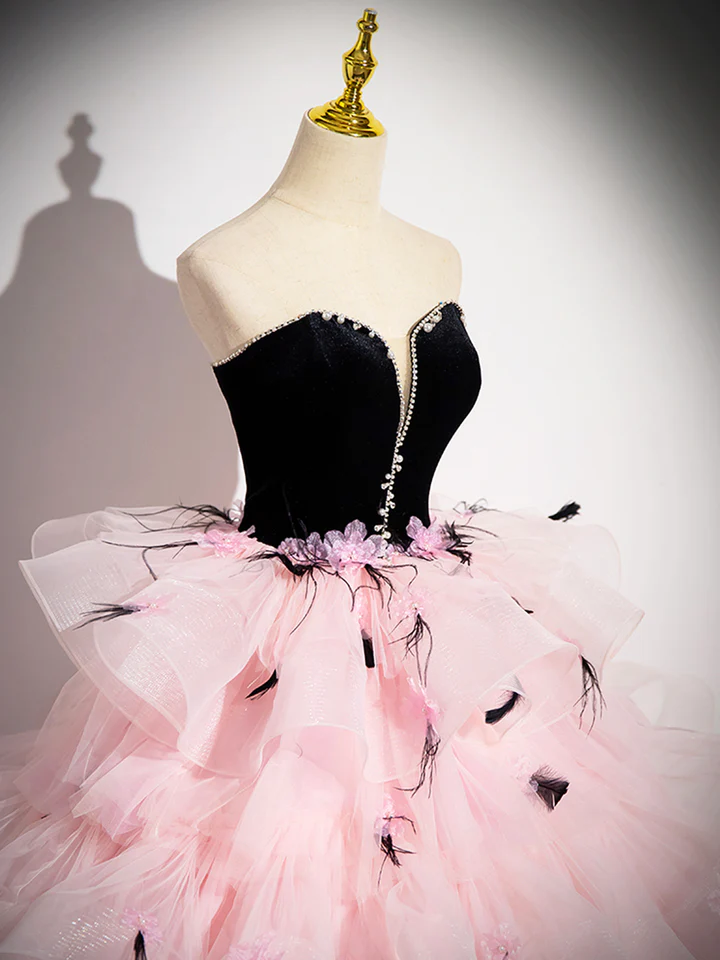 Pink Tulle and Black Velvet Strapless Party Gown Ruffles Formal Evening Dress, DP2477