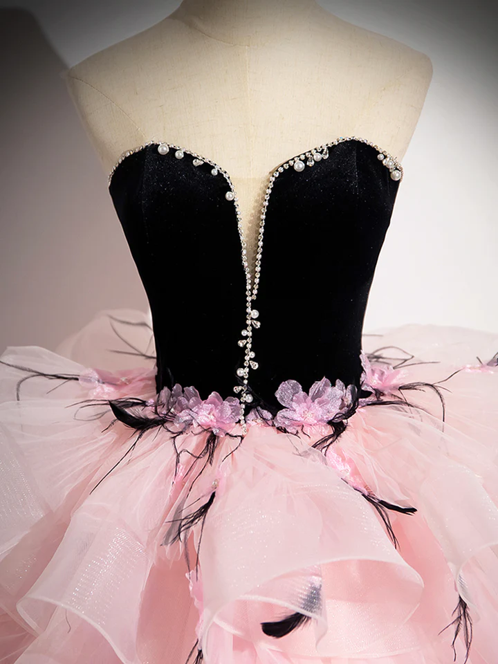 Pink Tulle and Black Velvet Strapless Party Gown Ruffles Formal Evening Dress, DP2477