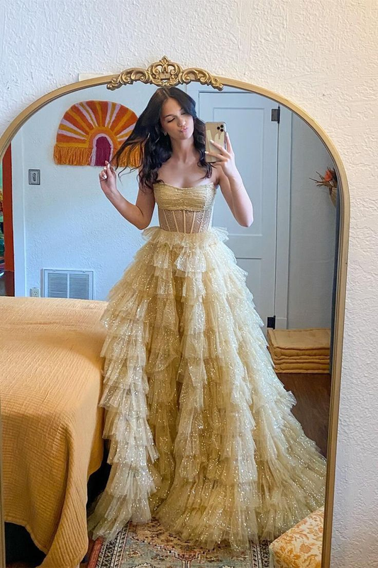 Robe de soirée longue en tulle brillant, bustier, coupe trapèze, à volants, DP3148