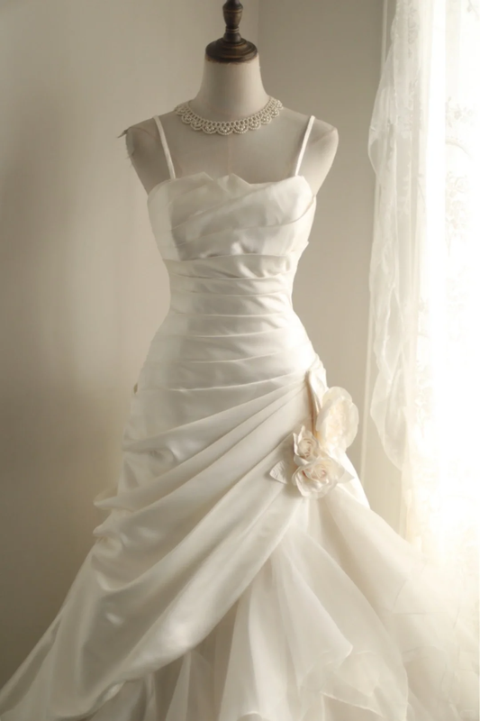 Spaghettiträger Weiß A-Linie Rüschen Vintage Brautkleid Brautkleid, DP5174